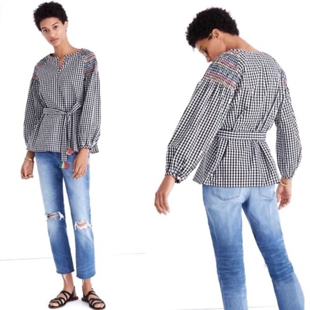 Madewell Smocked Gingham Top M NWOT